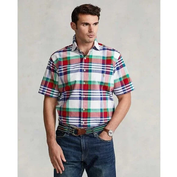 POLO RALPH LAUREN Men's Slim Fit Short Sleeve Oxford Shirt (Red White Multi, M)